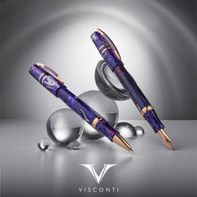 Load image into Gallery viewer, Graphic for the Fountain and Rollerball versions of the pen. The colors are a rich blue/purple with swirls of white and red. The trims are rose gold.