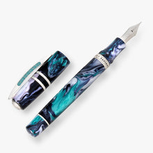 Load image into Gallery viewer, Angled view of the Visconti Homo Sapiens Earth Origins Fountain Pen. The cap is set to the side. The body is made with white, blue, and aqua resin turquoise. It has silver-colored trims.