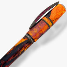 Load image into Gallery viewer, Close up to the cap of the Visconti Homo Sapiens Earth Origins Fire Pen. Both sides of the clip have the word VISCONTI on it.