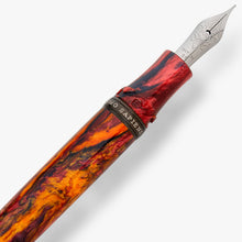 Load image into Gallery viewer, Close up to the grip section of the Visconti Homo Sapiens Earth Origins Fire. It has a ring with the words HOMO SAPIENS engraved. The nib has a set of decorations with the word Visconti written on it followed by 18KT, 750, and EF for the Extra Fine nib point.