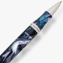 Load image into Gallery viewer, Close up to the grip section of the Visconti Homo Sapiens Earth Origins rollerball pen. it has a silver-colored ring with the words HOMO SAPIENS engraved.