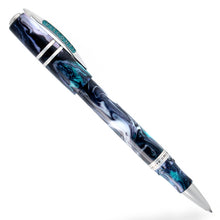 Load image into Gallery viewer, Angled view of the Visconti Homo Sapiens Earth Origins rollerball pen with the cap posted. The body is made with blue, white and aqua resin swirls and has silver-colored accents.