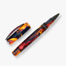 Load image into Gallery viewer, Angled view of the Visconti Homo Sapiens Earth Origins Fire rollerball pen on a white background. The barrel is made with red, yellow, and black lacquer swirls.