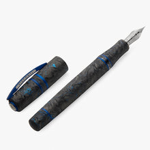 Load image into Gallery viewer, Fountain pen with a detailed black and blue design on a white background.