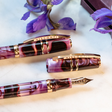 Load image into Gallery viewer, Close up to the Visconti Homo Sapiens Iris Garden Fountain Pen with the cap off. There is another pen with the cap on behind it. They are made of translucent lacquer with swirls of magenta, dark red, and golden-colored trims.