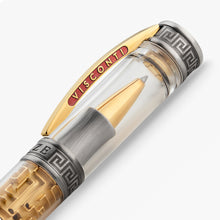 Load image into Gallery viewer, Rollerball pen with gold and silver accents on a white background, capped.