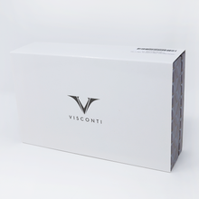 Load image into Gallery viewer, Angled view of the presentation box with the white sleeve. It has the Visconti Logo printed at the top.