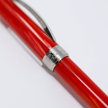 Load image into Gallery viewer, Close up to the cap ring on the Visconti Rembrandt Rollerball Pen. It has an engraving featuring a series of decorations, and the name Rembrandt.