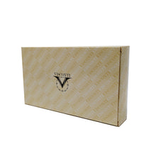 Load image into Gallery viewer, Angled front view of the yellow Visconti presentation box. It features the Visconti logo at the center, and the word VISCONTI used as a pattern accross the body.