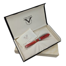 Load image into Gallery viewer, Top view of the red Visconti Rembrandt rollerball pen arranged in its sleeve with the document, presentation box, and outer box on a white background.