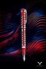 Load image into Gallery viewer, Graphic for the Visconti Skeleton Ruby Red Fountain pen with the cap posted. The pen is a shimmering red translucent lacquer with a palladium finished silver skeleton overlay.