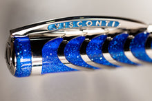 Load image into Gallery viewer, Close up to the Visconti Skeleton Sapphire Blue Fountain Pen cap. The word VISCONTI is engraved on both sides of the clip.