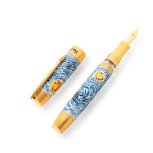 Load image into Gallery viewer, Angled front view of the fountain pen with the cap set net to it. The pen has the Starry Night painting design on the main barrel. The pen's accents are gold colored.