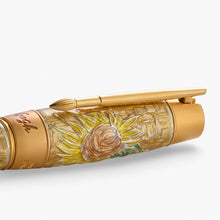 Load image into Gallery viewer, The pen clip of the Visconti Van Gogh Sunflowers pen: a micro-cast in yellow gold-plated silver, takes the form of a paintbrush.