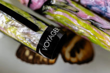 Load image into Gallery viewer, Close up to the cap ring of the Visconti Voyager Mariposa Malachite. It has an engraving that reads VOYAGER.