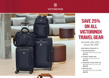 Load image into Gallery viewer, Victorinox travel luggage set with promotional text on a red and white background