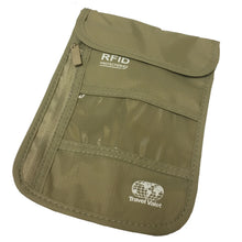 Load image into Gallery viewer, Angled front view of the tan RFID neck pouch on a white background. It has a zipper compartment on the side and a velcro-closing flap at the top.