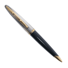 Load image into Gallery viewer, Front view of the mechanical pencil. The top half is silver plated with gold plated trims. The bottom half of the barrel is black lacquer with a gold-trimmed nose.