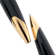 Load image into Gallery viewer, Close up to the nose section with gold-plated trims of the mechanical pencil and ballpoint pen. Both have brush marks.