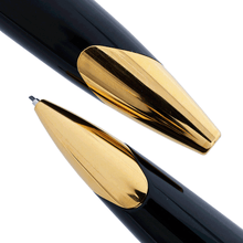 Load image into Gallery viewer, Close up to the nose section with gold-plated trims of the mechanical pencil and ballpoint pen. Both have brush marks.