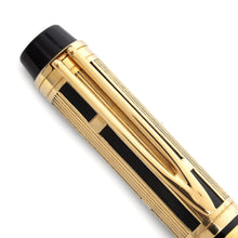 Load image into Gallery viewer, Close up to the cap's clip on the gold overlay fountain pen.