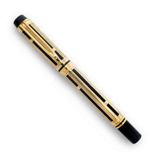 Load image into Gallery viewer, Front view of the gold overlay fountain pen. The top of the cap and the bottom of the pen are black.