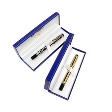 Load image into Gallery viewer, The gold and silver overlay pens resting inside their blue presentation boxes. The inside lining is white, and each lid has the Waterman Paris logo on it inside.