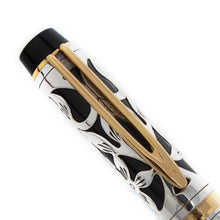 Load image into Gallery viewer, Close up to the silver overlay pen's cap. The clip has a gold plated clip.