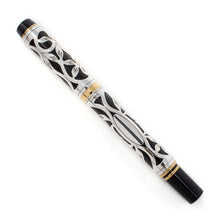 Load image into Gallery viewer, Back view of the silver overlay fountain pen on a white background.