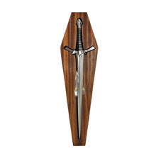 Load image into Gallery viewer, The dagger placed within its slot in the included wooden case. Set on a white background.
