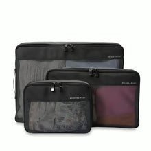 Load image into Gallery viewer, Briggs & Riley Check-In Packing Cube Set - Black
Briggs & Riley Check-In Packing Cube Set in Black - Front Panel View, shown stacked vertically from Small to Large.
Small cube: 8.5 x 6.5 x 3 in / 21.6 x 16.5 x 7.6 cm
Medium cube: 13 x 8.5 x 3 in / 33 x 21.6 x 7.6 cm
Large cube: 17 x 13 x 3 in / 43.2 x 21.6 x 7.6 cm