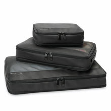 Load image into Gallery viewer, Briggs & Riley Check-In Packing Cube Set - Black
Front Angled View of Briggs & Riley Check-In Packing Cube Set in Black - Shown stacked and packed in compressed position from Large on bottom to small on top 
Small cube: 8.5 x 6.5 x 3 in / 21.6 x 16.5 x 7.6 cm
Medium cube: 13 x 8.5 x 3 in / 33 x 21.6 x 7.6 cm
Large cube: 17 x 13 x 3 in / 43.2 x 21.6 x 7.6 cm