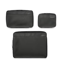 Load image into Gallery viewer, Briggs & Riley Check-In Packing Cube Set - Black
Briggs & Riley Check-In Packing Cube Set in Black - Front Panel View, with Medium and Small Packing Cubes shown on top and Large Cube shown on bottom
Small cube: 8.5 x 6.5 x 3 in / 21.6 x 16.5 x 7.6 cm
Medium cube: 13 x 8.5 x 3 in / 33 x 21.6 x 7.6 cm
Large cube: 17 x 13 x 3 in / 43.2 x 21.6 x 7.6 cm