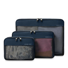 Load image into Gallery viewer, Briggs & Riley Check-In Packing Cube Set - Navy
All three packing cubes shown packed in vertical position from small to large
Small cube: 8.5 x 6.5 x 3 in / 21.6 x 16.5 x 7.6 cm
Medium cube: 13 x 8.5 x 3 in / 33 x 21.6 x 7.6 cm
Large cube: 17 x 13 x 3 in / 43.2 x 21.6 x 7.6 cm