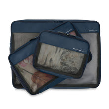 Load image into Gallery viewer, Briggs & Riley Check-In Packing Cube Set - Navy
Briggs & Riley Check-In Packing Cube Set shown in Navy and shown packed with clothing
Small cube: 8.5 x 6.5 x 3 in / 21.6 x 16.5 x 7.6 cm
Medium cube: 13 x 8.5 x 3 in / 33 x 21.6 x 7.6 cm
Large cube: 17 x 13 x 3 in / 43.2 x 21.6 x 7.6 cm