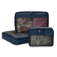 Load image into Gallery viewer, Briggs & Riley Check-In Packing Cube Set - Navy.  Two cubes shown in vertical position and one in flat position
Small cube: 8.5 x 6.5 x 3 in / 21.6 x 16.5 x 7.6 cm
Medium cube: 13 x 8.5 x 3 in / 33 x 21.6 x 7.6 cm
Large cube: 17 x 13 x 3 in / 43.2 x 21.6 x 7.6 cm