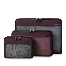 Load image into Gallery viewer, Briggs & Riley Check-In Packing Cube Set - Plum
Briggs & Riley Check-In Packing Cube Set shown in Plum and shown packed with clothing all shown vertical position
Small cube: 8.5 x 6.5 x 3 in / 21.6 x 16.5 x 7.6 cm
Medium cube: 13 x 8.5 x 3 in / 33 x 21.6 x 7.6 cm
Large cube: 17 x 13 x 3 in / 43.2 x 21.6 x 7.6 cm