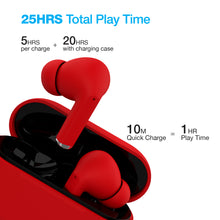 Load image into Gallery viewer, Angled view of the earbuds with text: 25 hours total play time. 5 hours per charge plus 20 hours with charging case. 10 minutes quick charge is 1 hour play time.