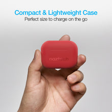 Load image into Gallery viewer, A hand holding the earbuds case with text. Compact and lightweight case. Perfect size to charge on the go.