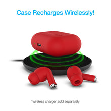 Load image into Gallery viewer, The case arranged with the earbuds on top of a wireless charger. The wireless charger is sold separately.
