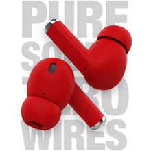 Load image into Gallery viewer, The red earbuds arranged on a white background with decorative text.