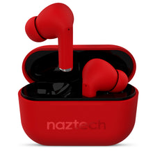 Load image into Gallery viewer, Front view of the red earbuds case with the cover opened. One earbud is lifted, the other is in the compartment.