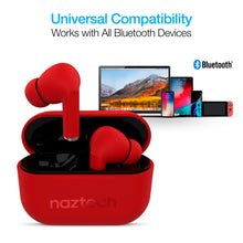 Load image into Gallery viewer, The earbuds arranged with a laptop, tablet, phones and Nintendo Switch and text: Universal Compatibility, works with all Bluetooth devices.
