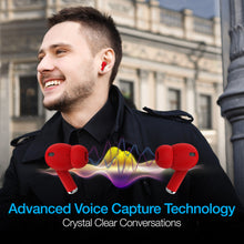 Load image into Gallery viewer, A young man wearing an earbud on an urban blurry background with text: Advanced voice capture technology, crystal clear conversations.