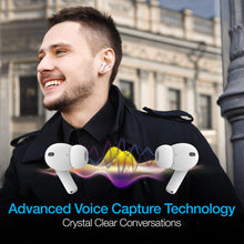 Load image into Gallery viewer, A young man wearing an earbud on an urban blurry background with text: Advanced voice capture technology, crystal clear conversations.