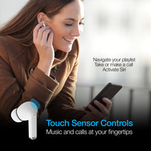 Load image into Gallery viewer, A young woman wearing on her phone while wearing an earbud, with text: Navigate your playlist. Take or make a call. Activate Siri. Touch Sensor controls. Music and calls at your fingertips.