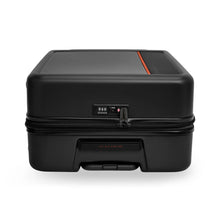 Load image into Gallery viewer, Top view of the black suitcase. It features a grip handle, a telescopic grab handle, and a three-digit combination lock.