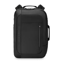 Load image into Gallery viewer, Front view of the black backpack duffle. It features a zipper-closing pocket, and grip handles on the top and side panels.