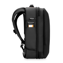 Load image into Gallery viewer, Animated view of the black backpack duffle side panel with the expandable feature shown compressed and extended.