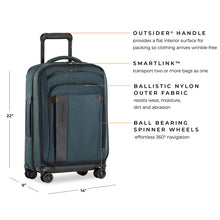 Load image into Gallery viewer, Briggs & Riley ZDX 22" Domestic Carry-On Expandable Spinner - Ocean Blue
Image of Briggs & Riley Product Feature Diagram illustrating the Outsider Handle for flat interior surface packing, SmartLink feature to transport two or more bags, Ballistic Nylon Outer Fabric for durability, and Ball Bearing Spinner Wheels for 360-degree navigation
Dimensions:  22 x 14 x 9"
Weight:           7.4 lbs.